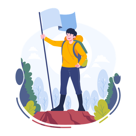 Young man raises the flag on the top of the mountain  Illustration