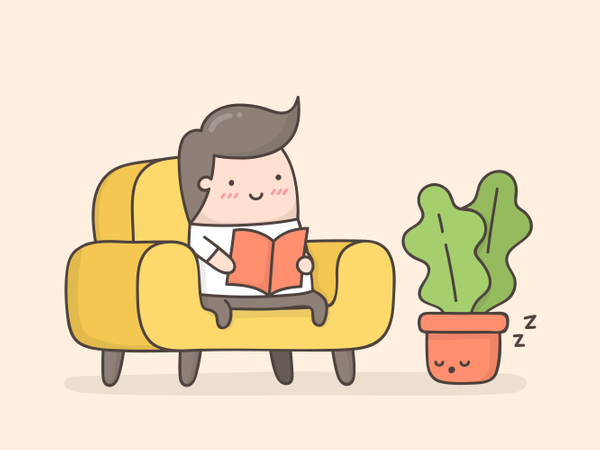 Young man reading a book in cozy living room Illustration