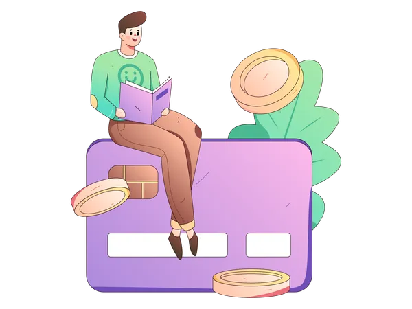 Young man reading account book while doing credit card payment  Illustration