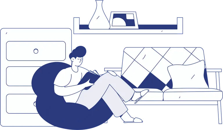 Young man reading book at home  Illustration