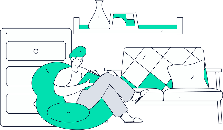 Young man reading book at home  Illustration