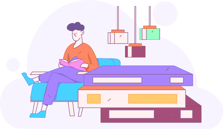 Young man reading book at home  Illustration