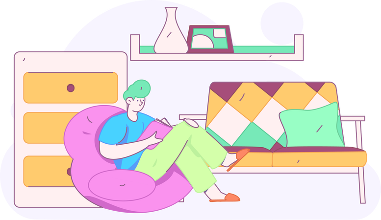 Young man reading book at home  Illustration