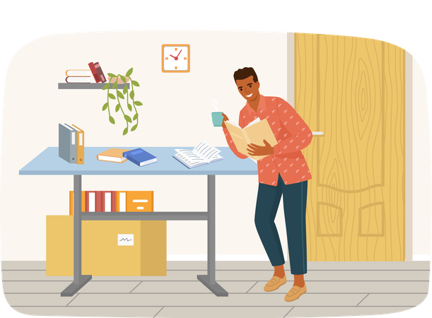 Young man reading book standing near table  Illustration