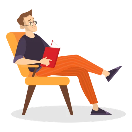 Young man reading book while sitting on chair Illustration