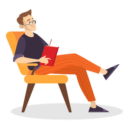 Young man reading book while sitting on chair  Illustration