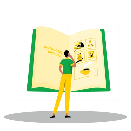 Young man reading caffeine instruction manual  Illustration