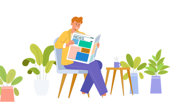 Young man reading newspaper in morning  Illustration