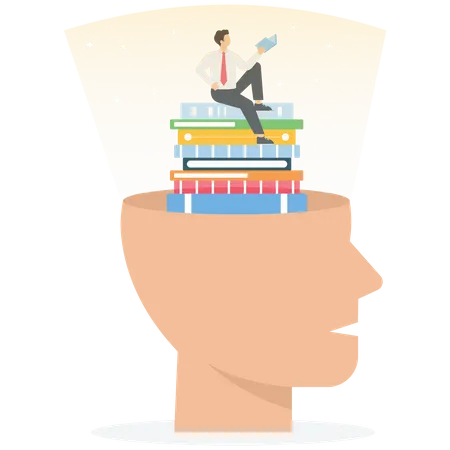 Reading Books Learning And Gaining New Knowledge Developing Intelligence And Thinking Using Wisdom To Achieve Goals And Success Man Reads A Book And Sits On A Stack Of Books In A Large Human Head Vector Illustration