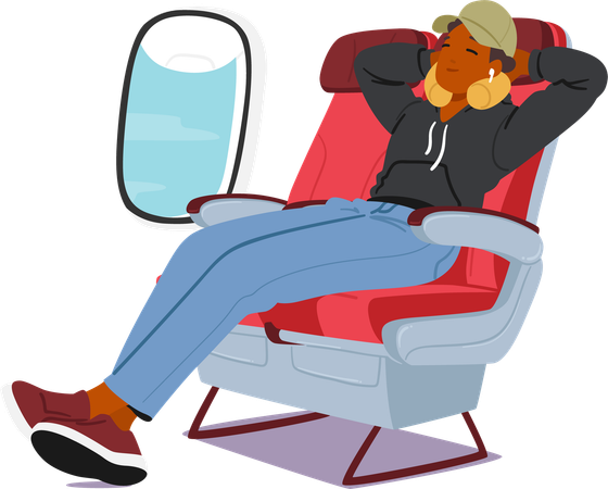 Young Man Reclines In His Plane Seat and Plush Neck Pillow Cradling His Head  Illustration