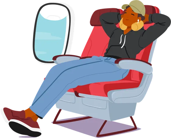 Young Man Reclines In His Plane Seat and Plush Neck Pillow Cradling His Head  Illustration