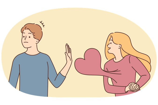 Young man reject woman in love showing affection.  Illustration