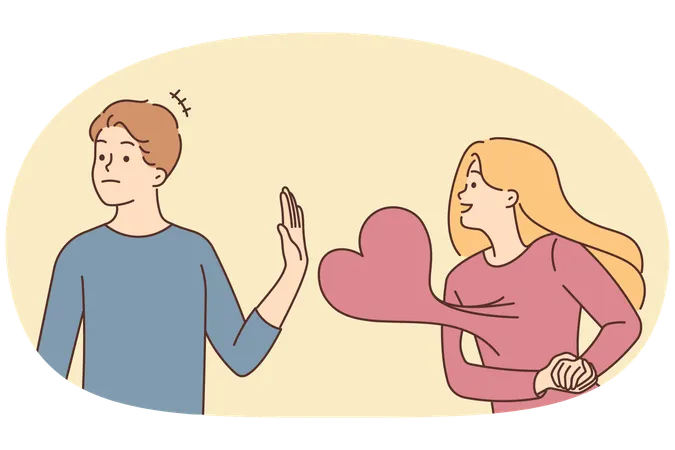 Young man reject woman in love showing affection.  Illustration