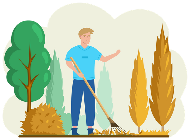 Young man removes fallen yellow leaves stands near trees  Illustration