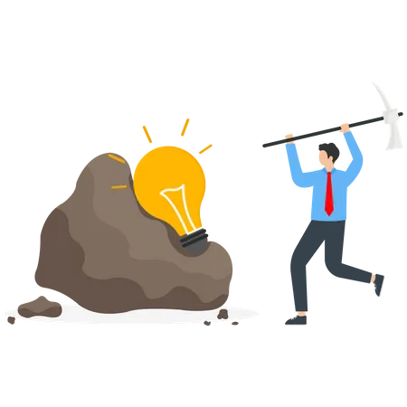 Search For New Ideas For Successful Business Creativity And Innovation To Solve Complex Problems Strategy Or Method For Achieving Goals Man Removes A Light Bulb From A Cobblestone With A Pickaxe 일러스트레이션