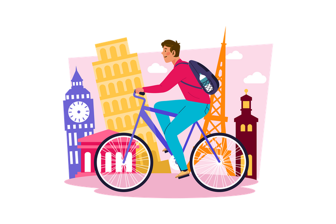 Young man renting bike to explore city  Illustration