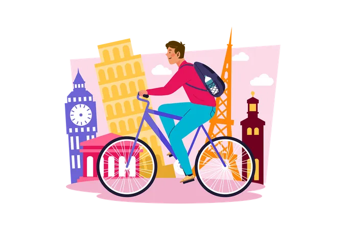 Young man renting bike to explore city  Illustration