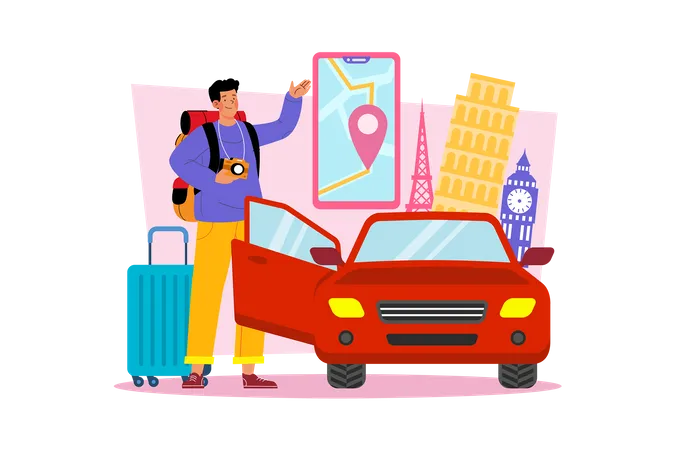 Young man renting car to explore new places Illustration