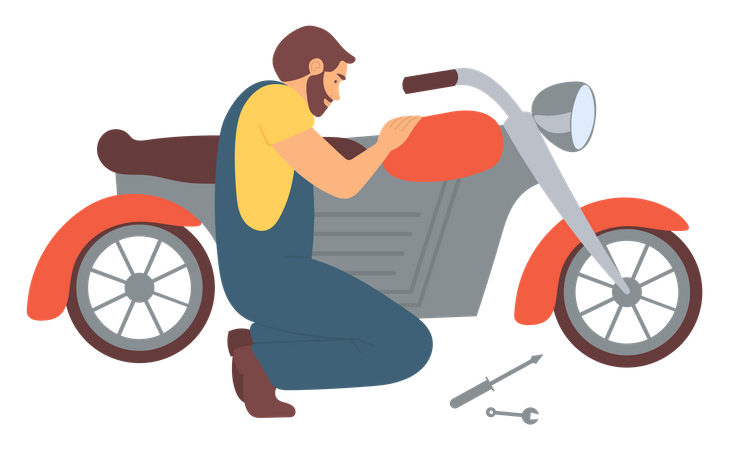 Young man repairing motorbike himself  Illustration