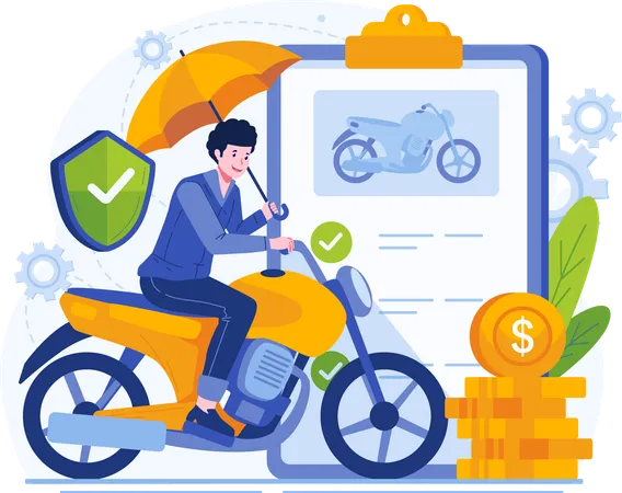 Young Man Riding a Motorbike While Holding an Umbrella Protected by Motorbike Insurance  Illustration