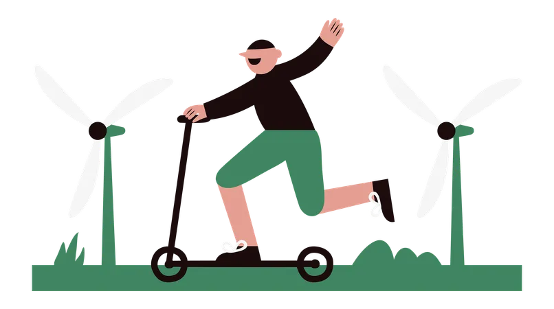 Young man riding electric scooter in eco green city  イラスト
