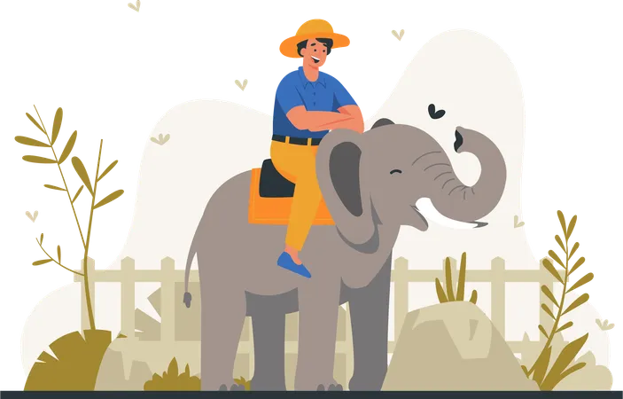 Young man riding elephant  Illustration