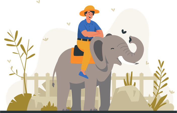Young man riding elephant  Illustration