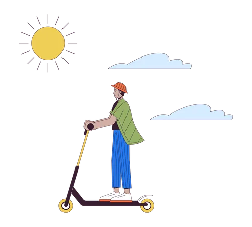 Young Man Riding Kick Scooter On Sunny Day 2 D Linear Cartoon Character Indian Male Enjoying Weekend Isolated Line Vector Person White Background Lifestyle Color Flat Spot Illustration Illustration