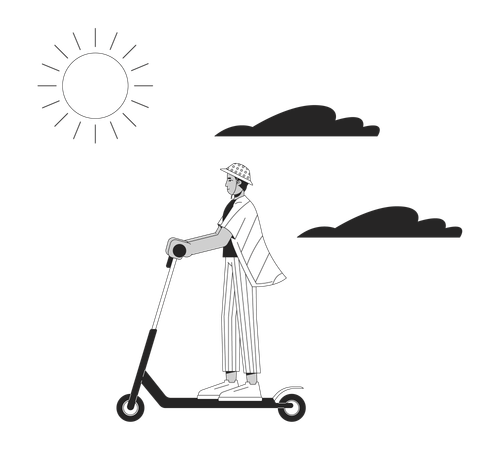 Young man riding kick scooter on sunny day  Illustration