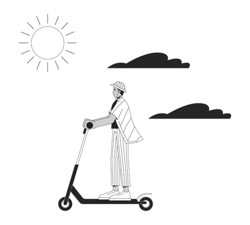 Young Man Riding Kick Scooter On Sunny Day Black And White 2 D Line Cartoon Character Indian Male Enjoying Weekend Isolated Vector Outline Person Lifestyle Monochromatic Flat Spot Illustration Illustration