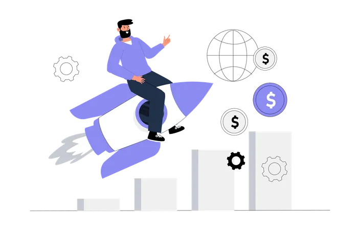 Young Man Riding On Rocket While Getting Financial Growth  Illustration