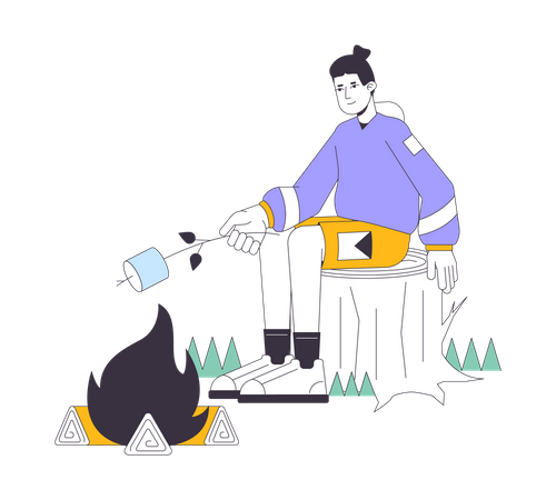 Young man roasting marshmallow on stick  Illustration
