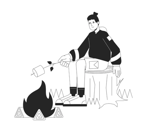 Making Campfire Marshmallow Bw Vector Spot Illustration Young Man Roasting Marshmallow On Stick 2 D Cartoon Flat Line Monochromatic Character For Web UI Design Editable Isolated Outline Hero Image Illustration