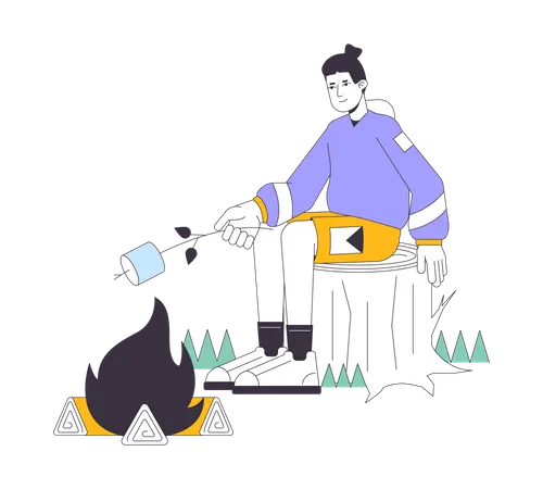 Young man roasting marshmallow on stick  Illustration