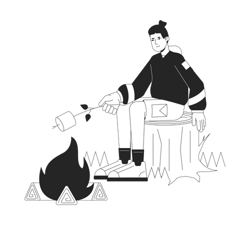 Young man roasting marshmallow on stick  Illustration