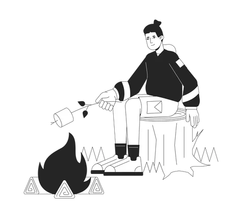 Young man roasting marshmallow on stick  Illustration