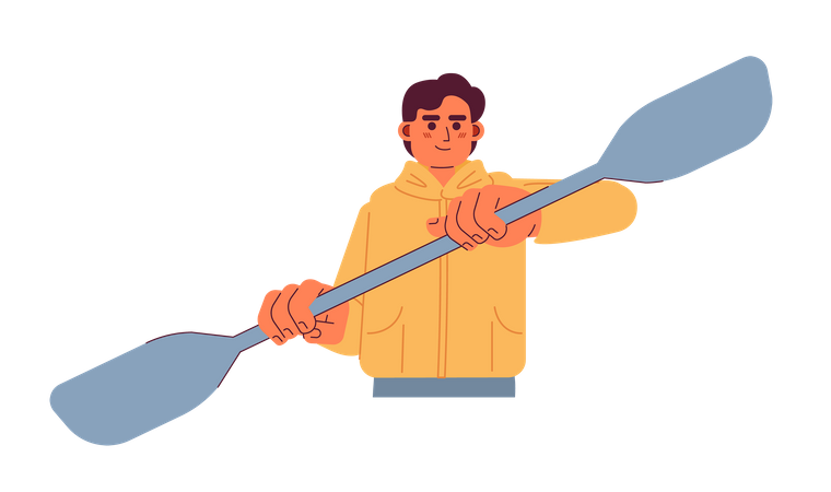 Young man rowing with kayak paddle  イラスト