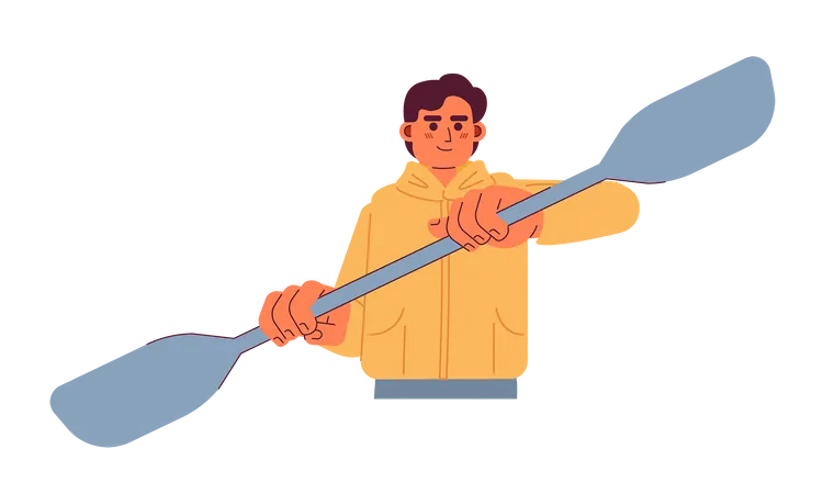 Young Man Rowing With Kayak Paddle Semi Flat Colorful Vector Character Caucasian Male Kayaker Paddling Editable Half Body Person On White Simple Cartoon Spot Illustration For Web Graphic Design イラスト