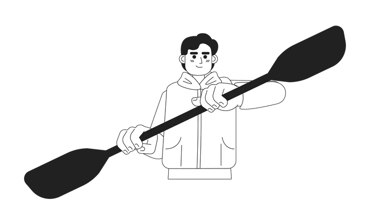 Young Man Rowing With Kayak Paddle Monochromatic Flat Vector Character Male Kayaker Paddling Editable Thin Line Half Body Person On White Simple Bw Cartoon Spot Image For Web Graphic Design Illustration