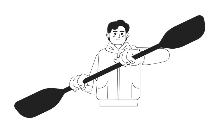 Young man rowing with kayak paddle  Illustration