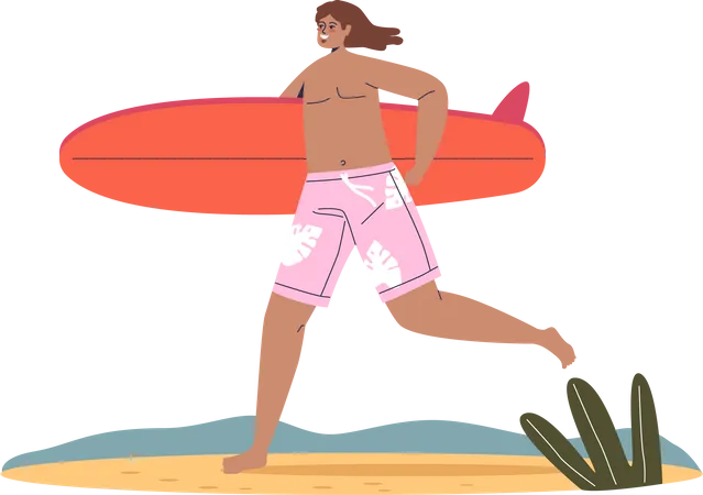 Young man run holding surfboard  Illustration