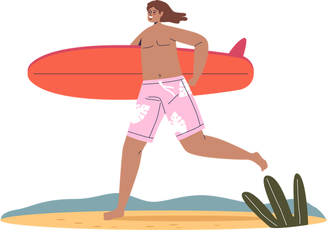 Young man run holding surfboard  Illustration