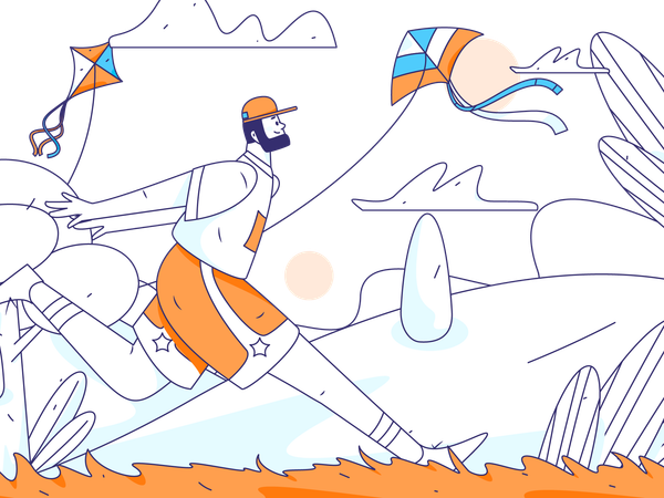 Young man running in park on kite flying day  Illustration