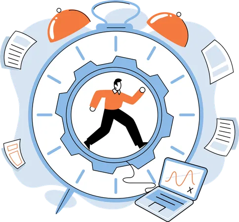 Young man running on alarm clock  Illustration