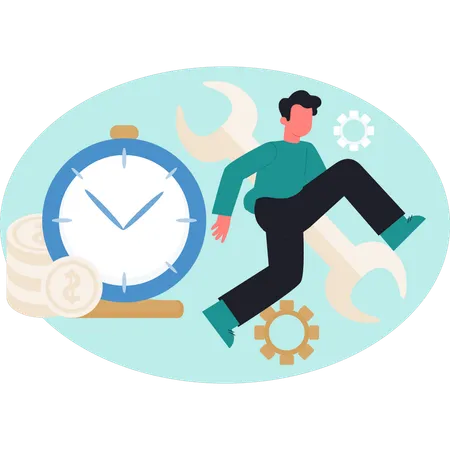 Young man running towards time clock  Illustration