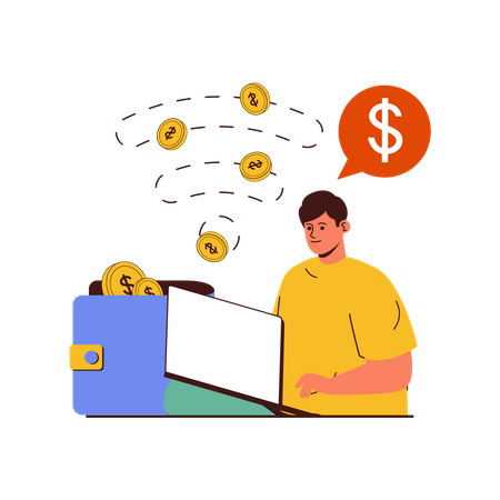 Young man savings money in digital wallet  Illustration