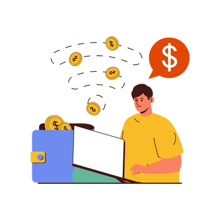 Young man savings money in digital wallet  Illustration