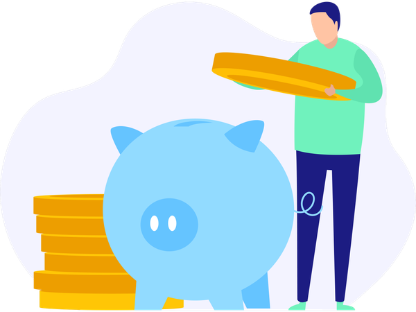 Young man savings Money in piggy bank  Illustration