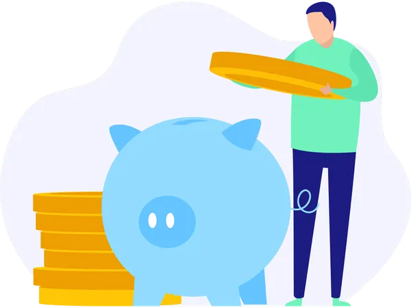 Young man savings Money in piggy bank  Illustration