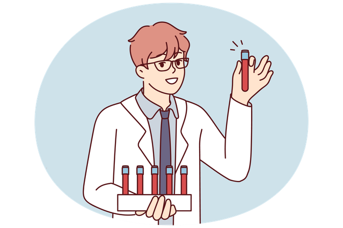 Young man scientist in white coat holds test tubes with blood samples for experiments  Illustration